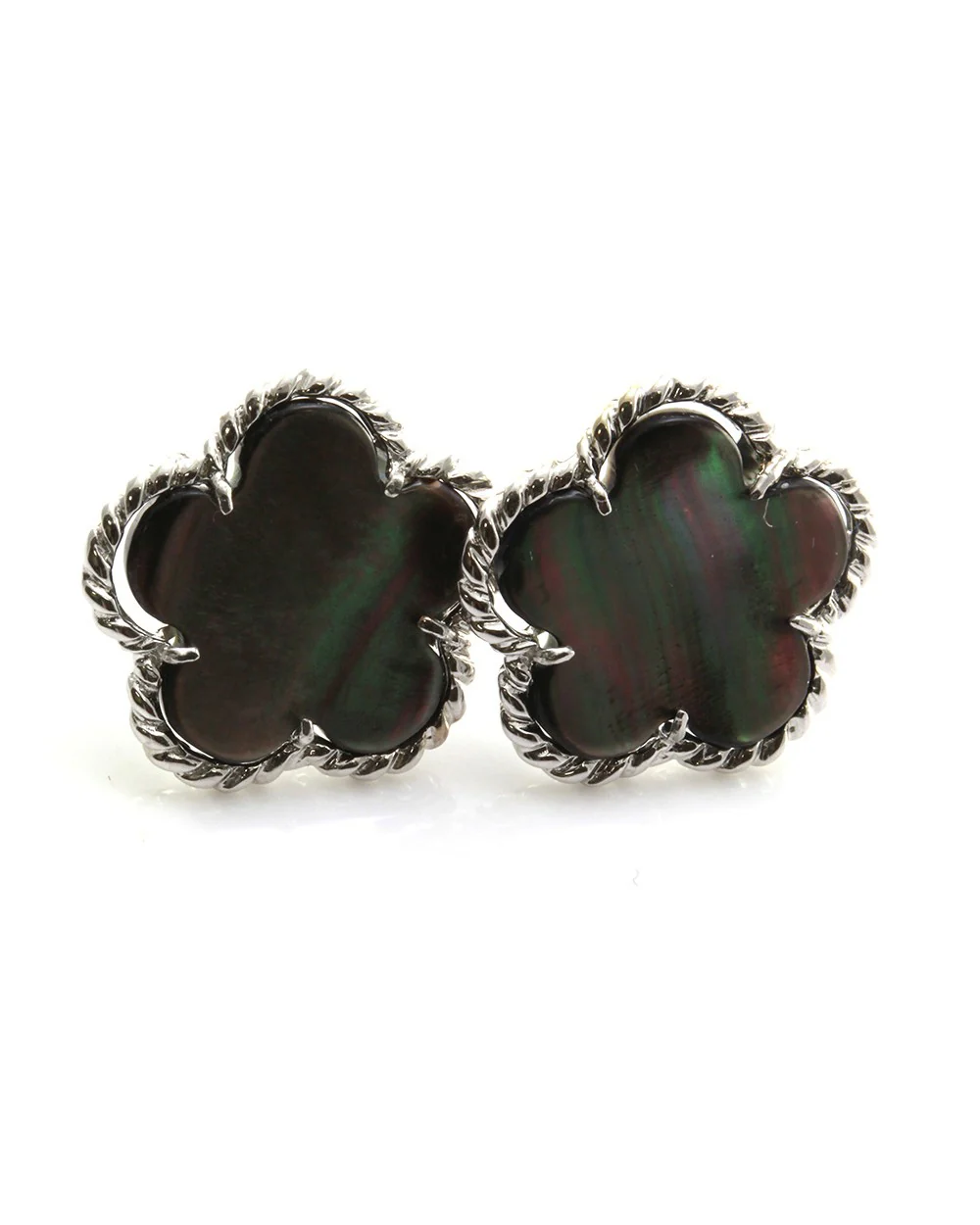 Black Mother of Pearl Clover Button Earrings with Rope Details in 14K White Gold - Image 2