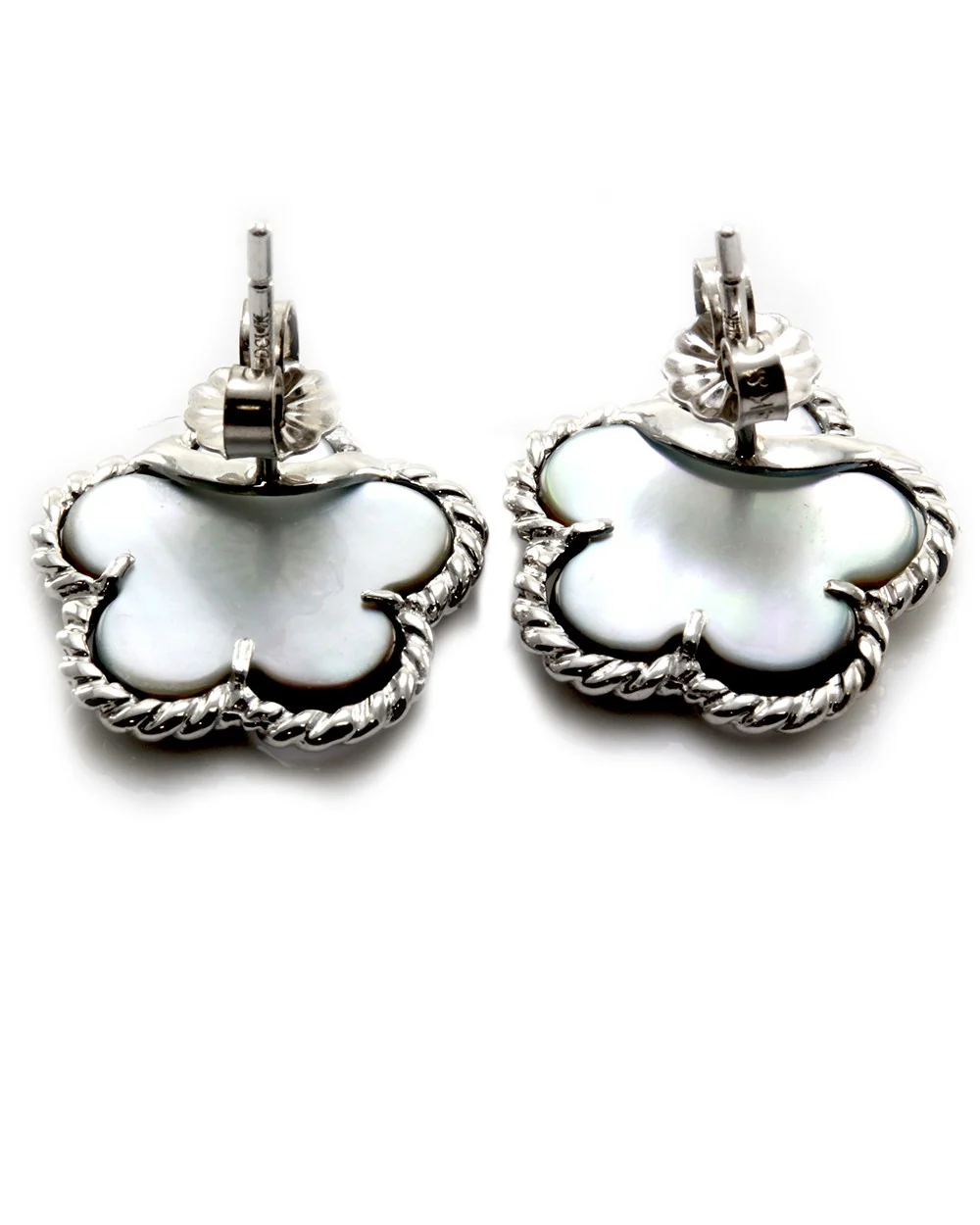 Black Mother of Pearl Clover Button Earrings with Rope Details in 14K White Gold - Image 4