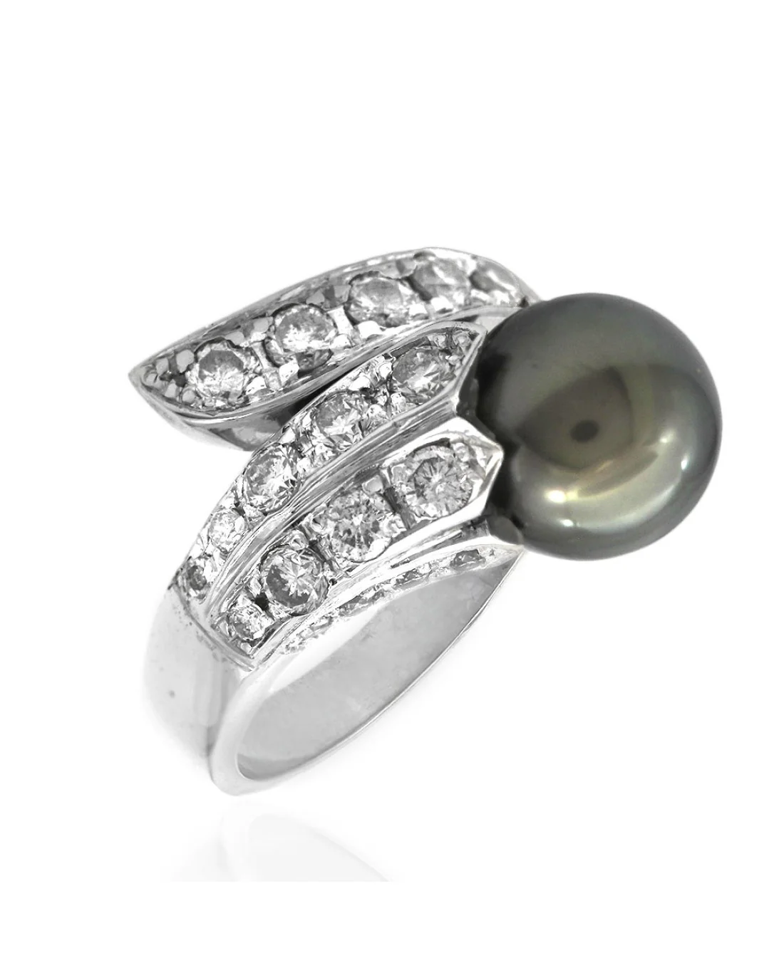 Black Tahitian Pearl and Diamond Bypass Ring in White Gold - Image 2
