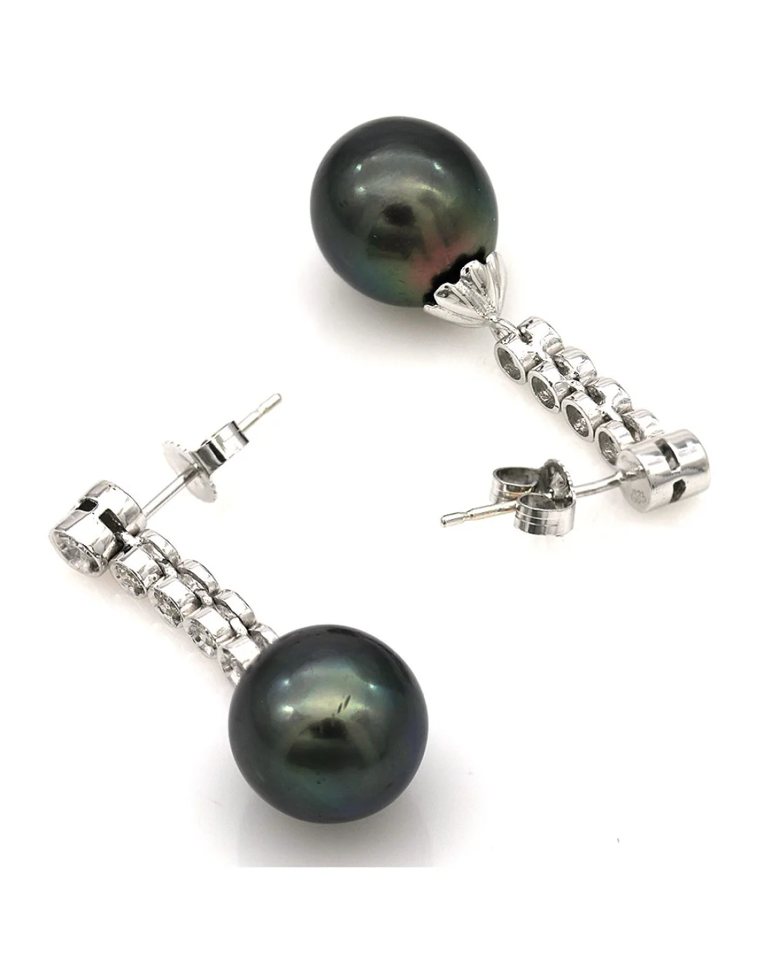 Black Tahitian Pearl and Diamond Drop Earrings in White Gold - Image 2