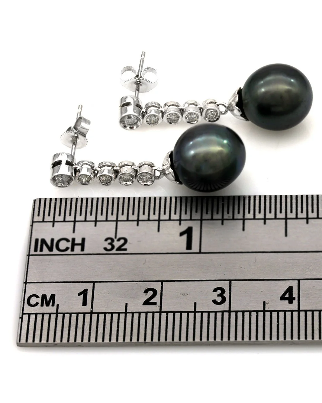 Black Tahitian Pearl and Diamond Drop Earrings in White Gold - Image 3