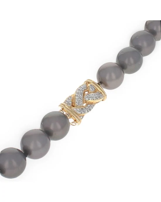 Black Tahitian Pearl Necklace with Pave Diamond Braided Clasp in Yellow Gold - Image 2