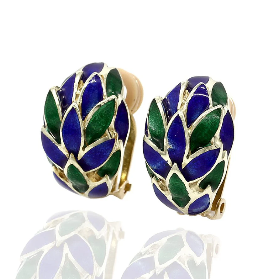 Blue and Green Enamel Earrings in Gold