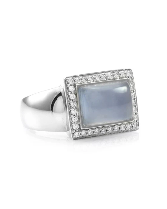 Blue Chalcedony and Pave Diamond Ring in Gold