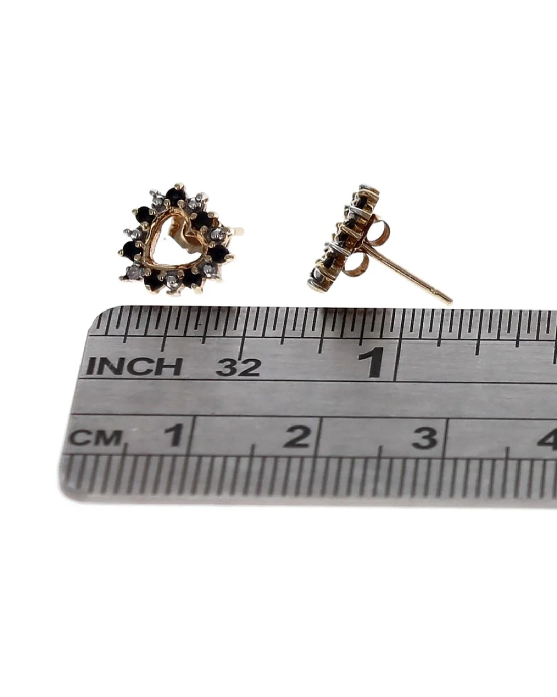 Blue Sapphire and Diamond Accent Open Heart Stud Earrings in White and Yellow Gold - Image 3