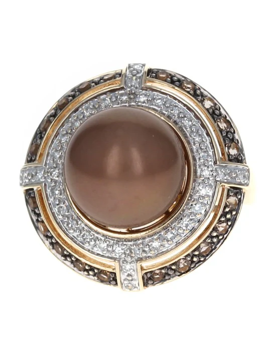 Bronze 10.7mm Pearl Double Halo Ring w/ Topaz & Diamonds 14KY Gold - Image 2