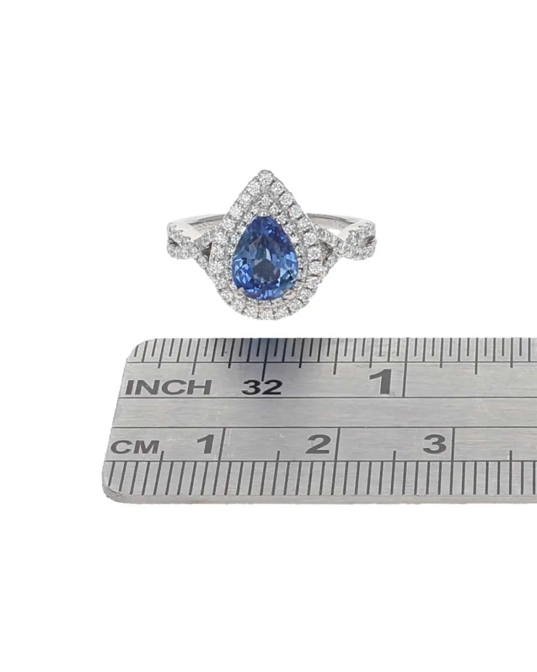 Blue Sapphire and Diamond Double Halo Crossover Ring in White Gold - Image 3