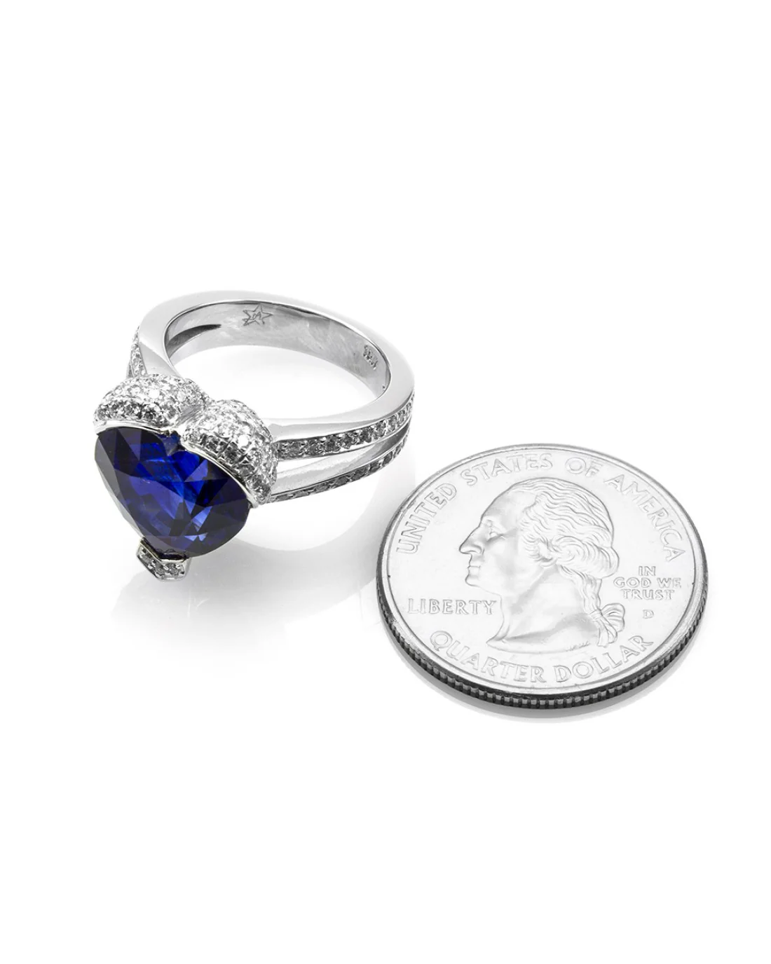 Custom Ceylon Sapphire & Pave Diamond Double Shank Ring in 18K White Gold - Image 5