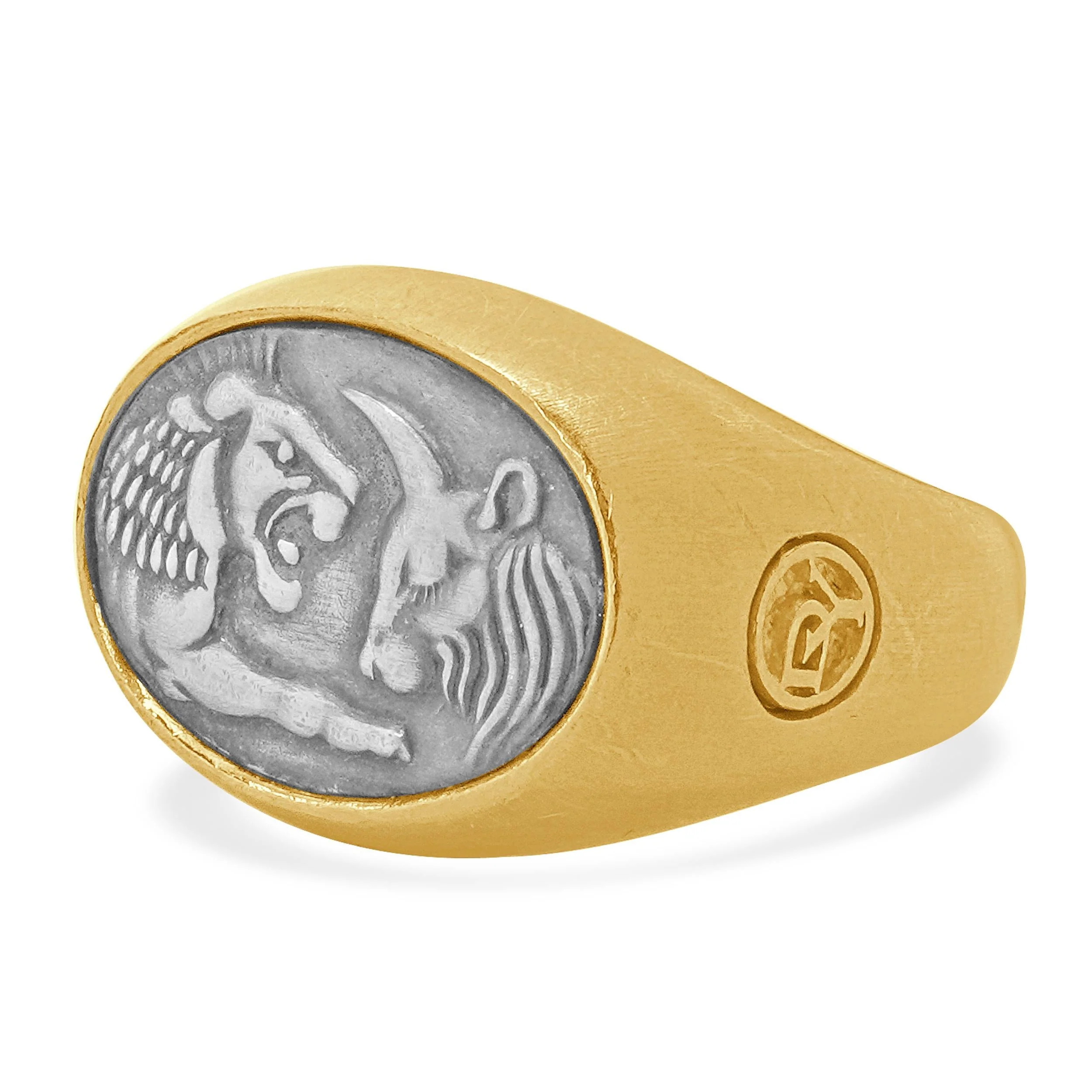 David Yurman 22 Karat Yellow Gold and Sterling Silver Petrvs Lion and Ox Ring - Image 2
