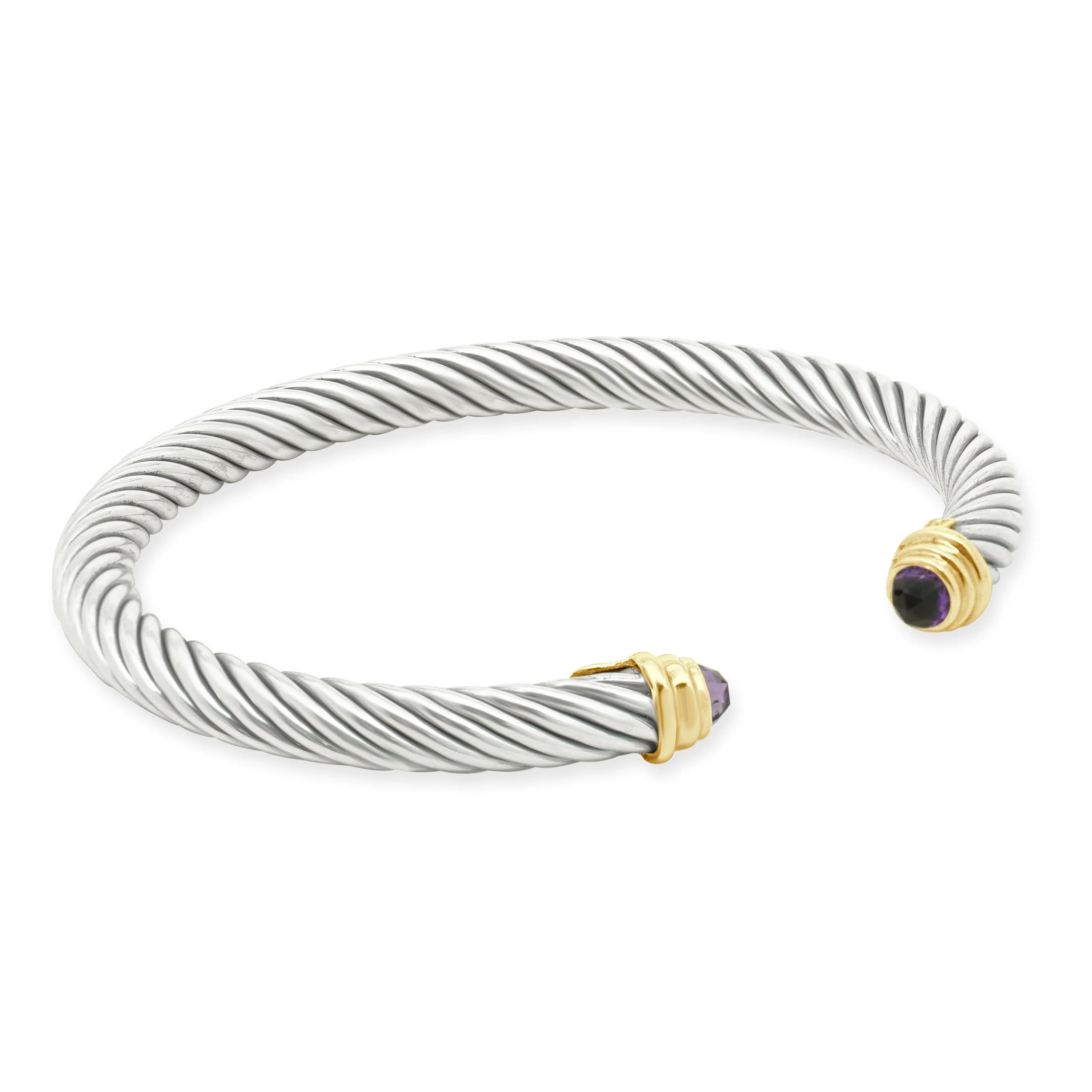 David Yurman Sterling Silver and 14 Karat Yellow Gold Classic Cable Cuff Bracelet with Faceted Amethyst Endcaps 6.0" - Image 3