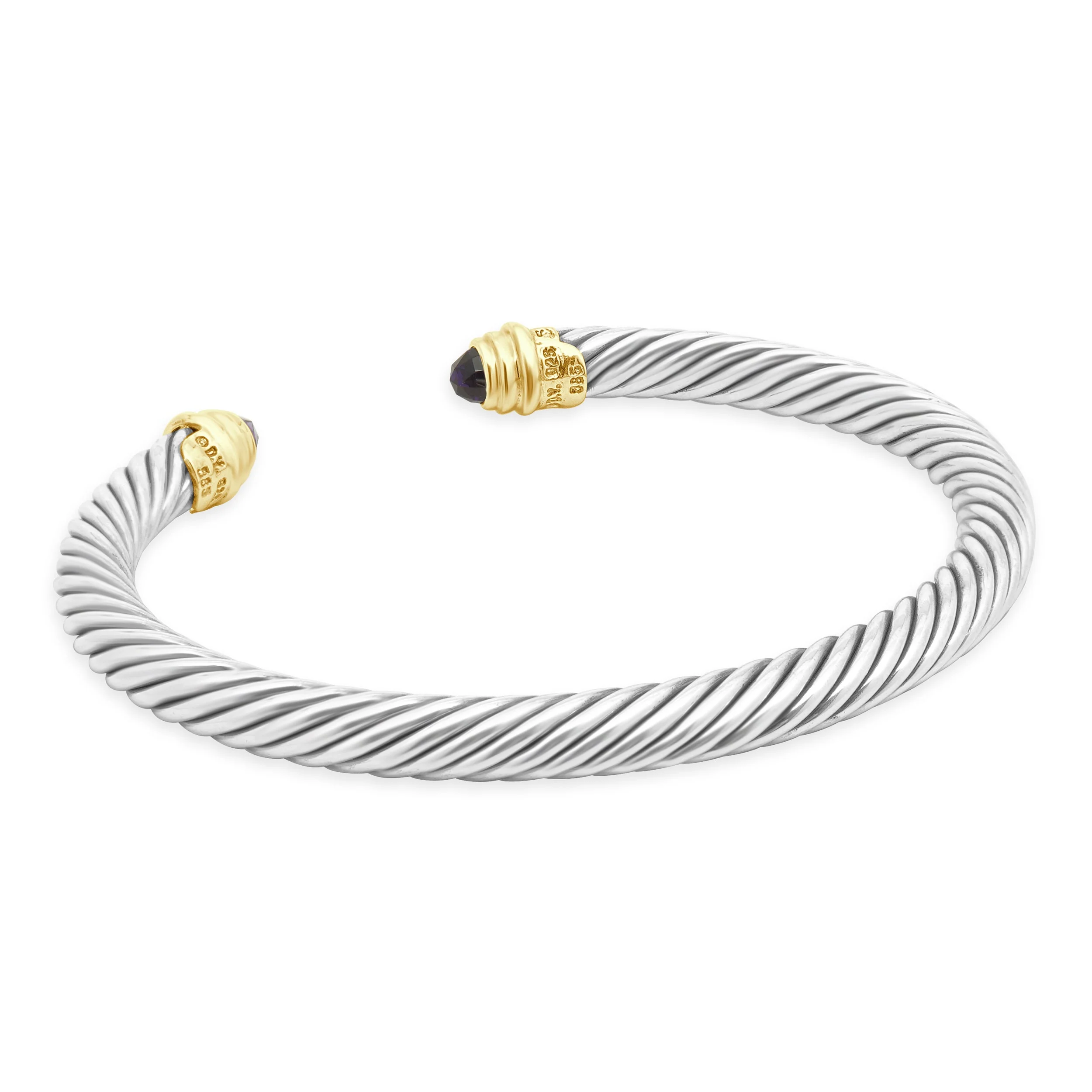 David Yurman Sterling Silver and 14 Karat Yellow Gold Classic Cable Cuff Bracelet with Faceted Amethyst Endcaps 6.0" - Image 4