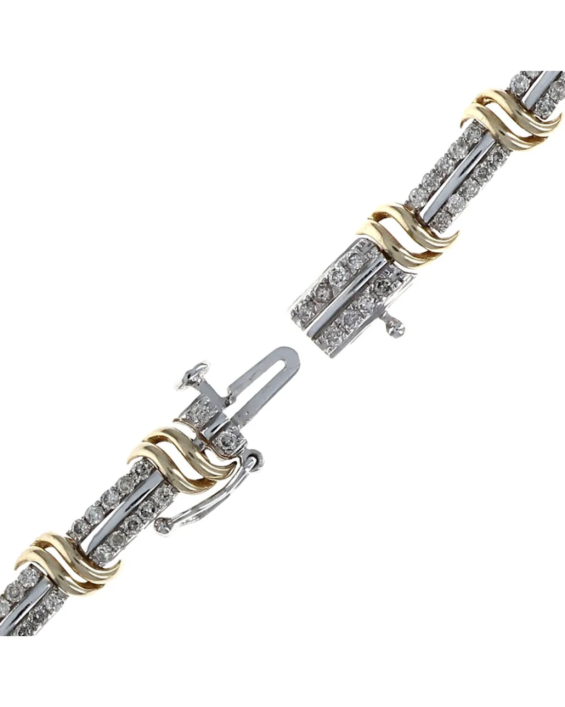 Diamond Alternating Rectangle and 'S' Curve Bracelet in White and Yellow Gold - Image 2