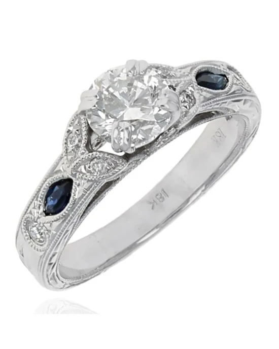 Diamond and Blue Sapphire Accent Engagement Ring in White Gold