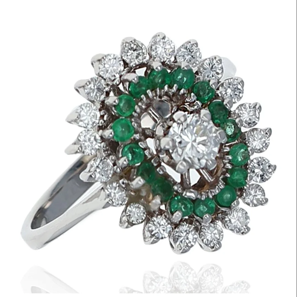 14K White Gold Diamond and Emerald Double Halo Ring
