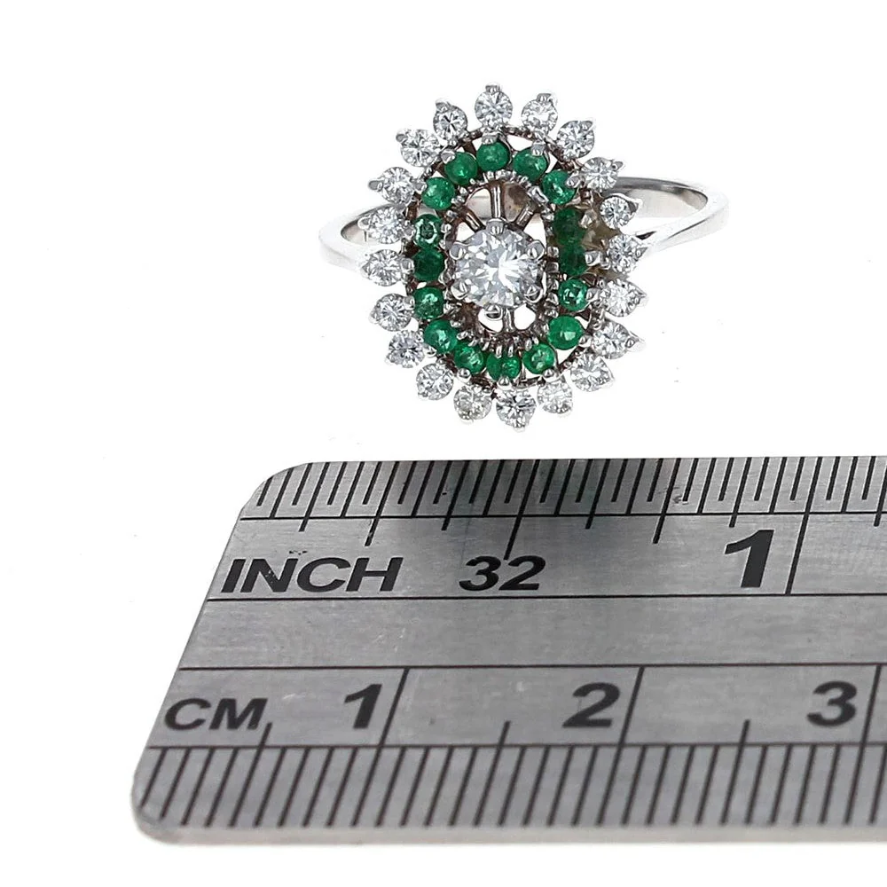 14K White Gold Diamond and Emerald Double Halo Ring - Image 3