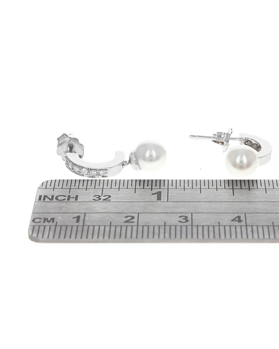 Diamond and Pearl Drop Half Hoop Earrings in White Gold - Image 3