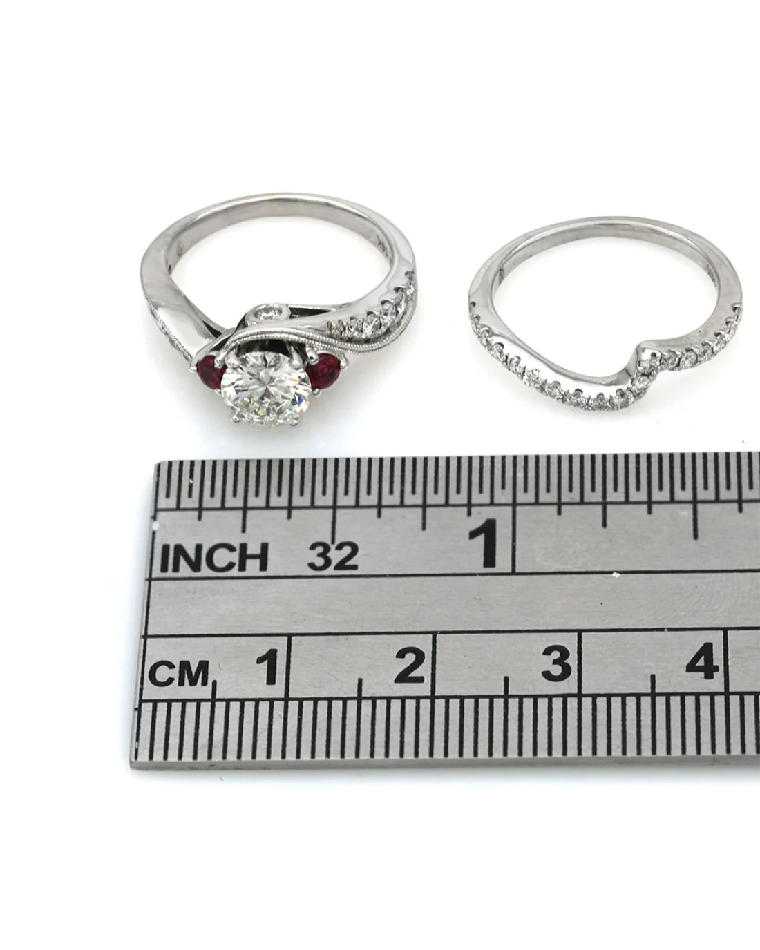 Diamond and Ruby Bypass Engagement Ring with Diamond Wedding Guard - Image 3