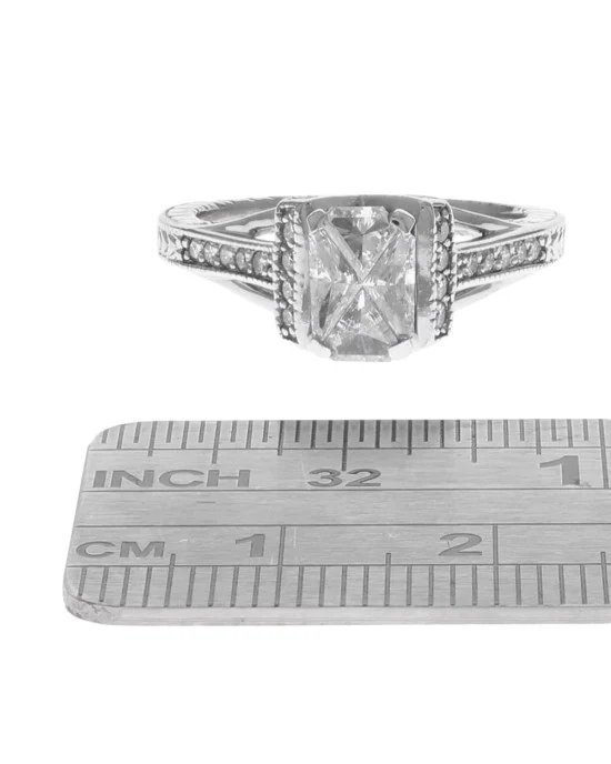 Diamond Etched Milgrain Engagement Ring in White Gold - Image 3