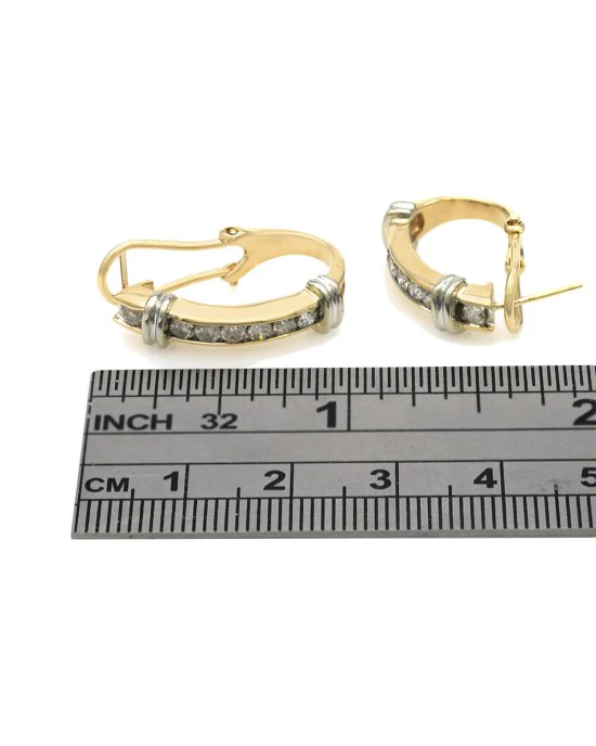 Diamond Fluted Accent 'J' Hoop Earrings in White and Yellow Gold - Image 3