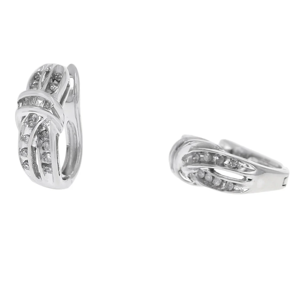 Diamond Ribbon Crossover Hoop Earrings in White Gold - Image 2