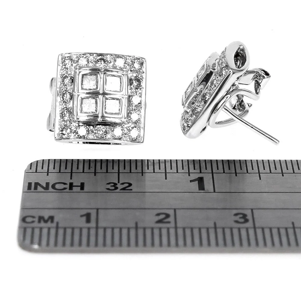 14K White Gold Square Diamond Earrings With Omega Backs - Image 3