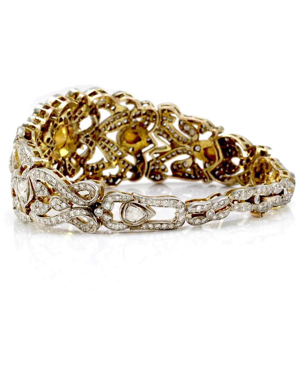 Edwardian Rose & Single Cut Diamond Bracelet in 14K Yellow Gold & Silver - Image 2