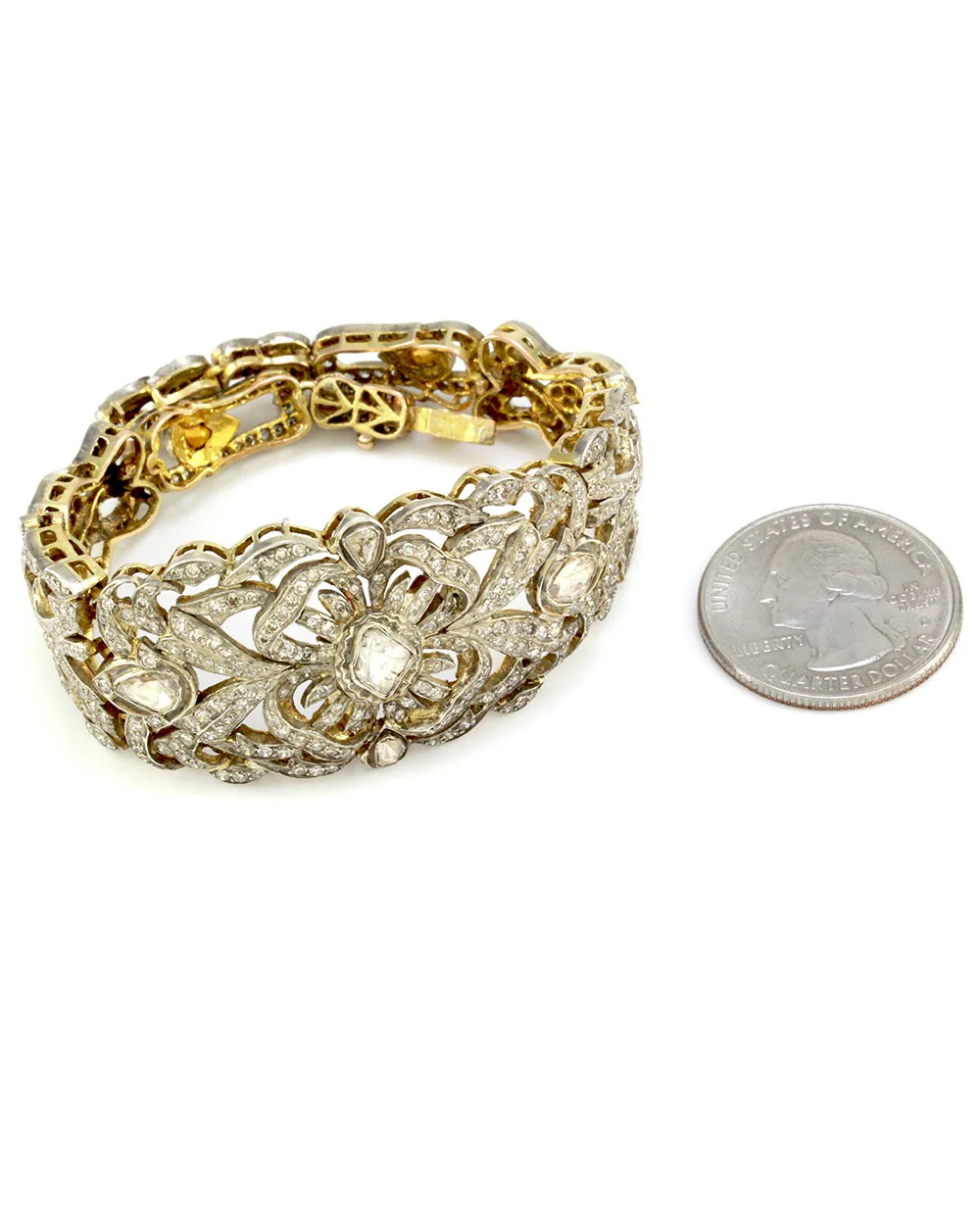 Edwardian Rose & Single Cut Diamond Bracelet in 14K Yellow Gold & Silver - Image 5