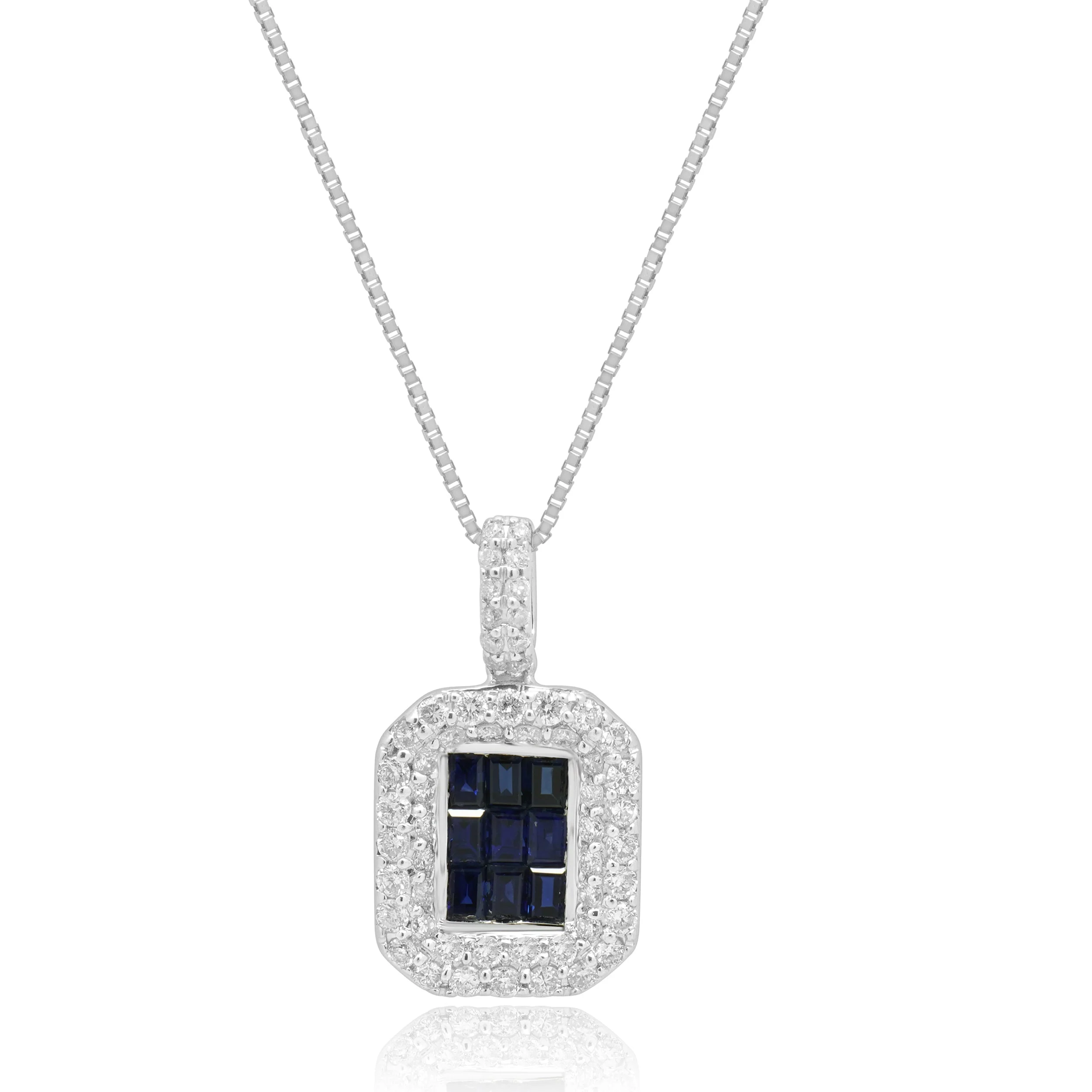EFFY 14K White Gold Invisible Set Blue Sapphire and Pave Diamond Halo Pendant Necklace 18.0"
