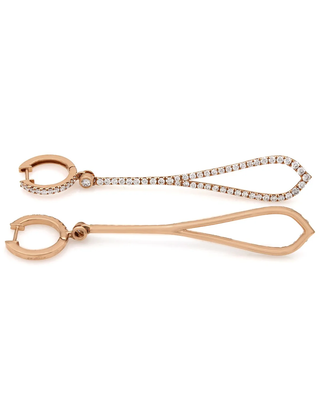Elongated Tear Drop Dangle Earrings with Round Diamonds in 18k Rose Gold - Image 2
