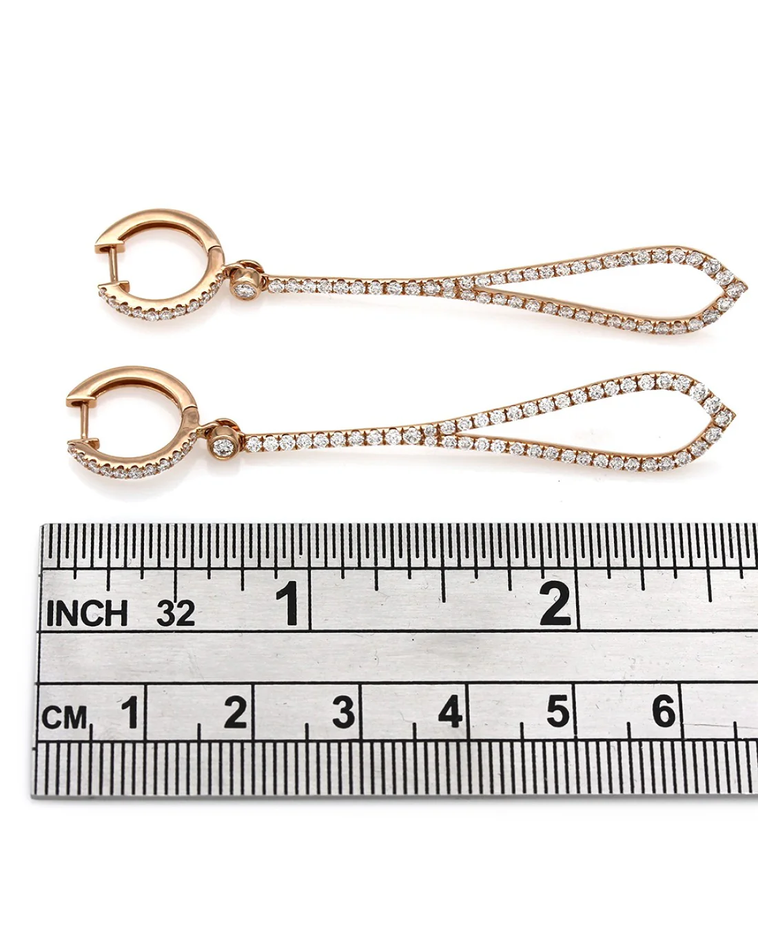 Elongated Tear Drop Dangle Earrings with Round Diamonds in 18k Rose Gold - Image 3