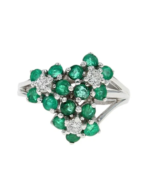 Emerald and Diamond Flower Cluster Ring in White Gold - Image 2