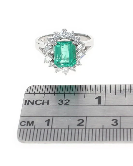 Emerald and Diamond Halo Ring in Platinum - Image 3