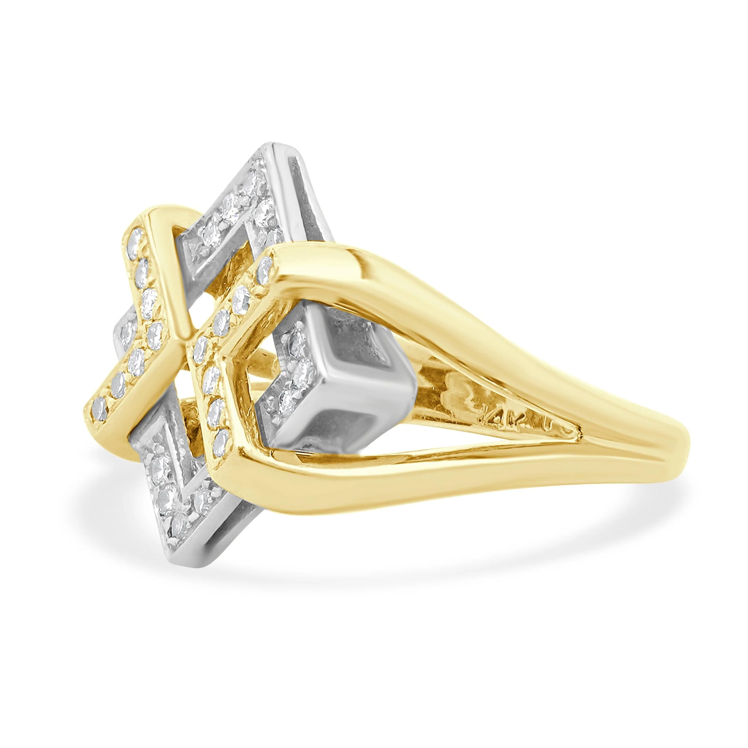 Fortunes 14 Karat Yellow & White Gold Diamond Geometric Interlocking Ring - Image 2
