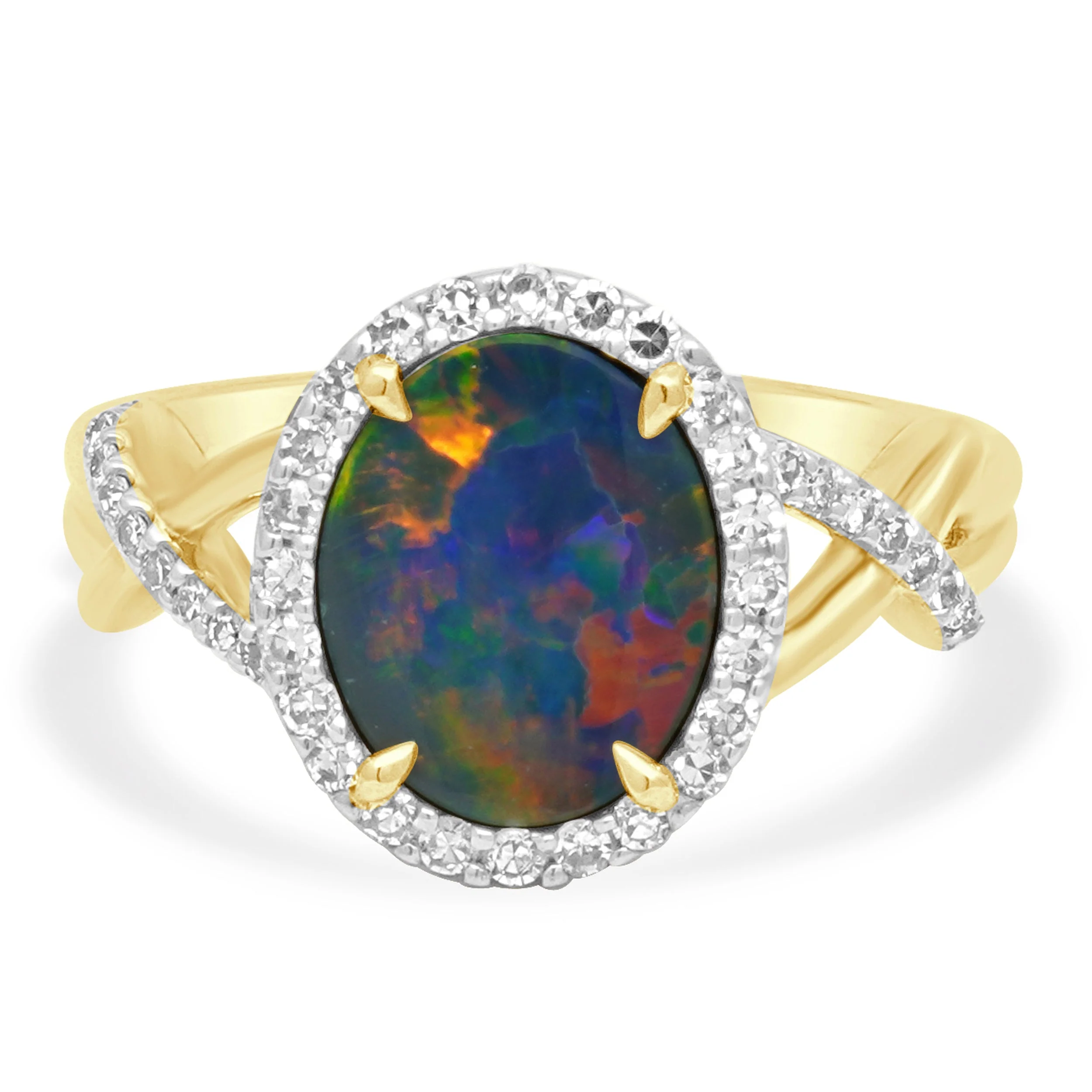 Fremonti 14K Yellow Gold Oval Boulder Opal and Round Diamond Halo Crossover Ring