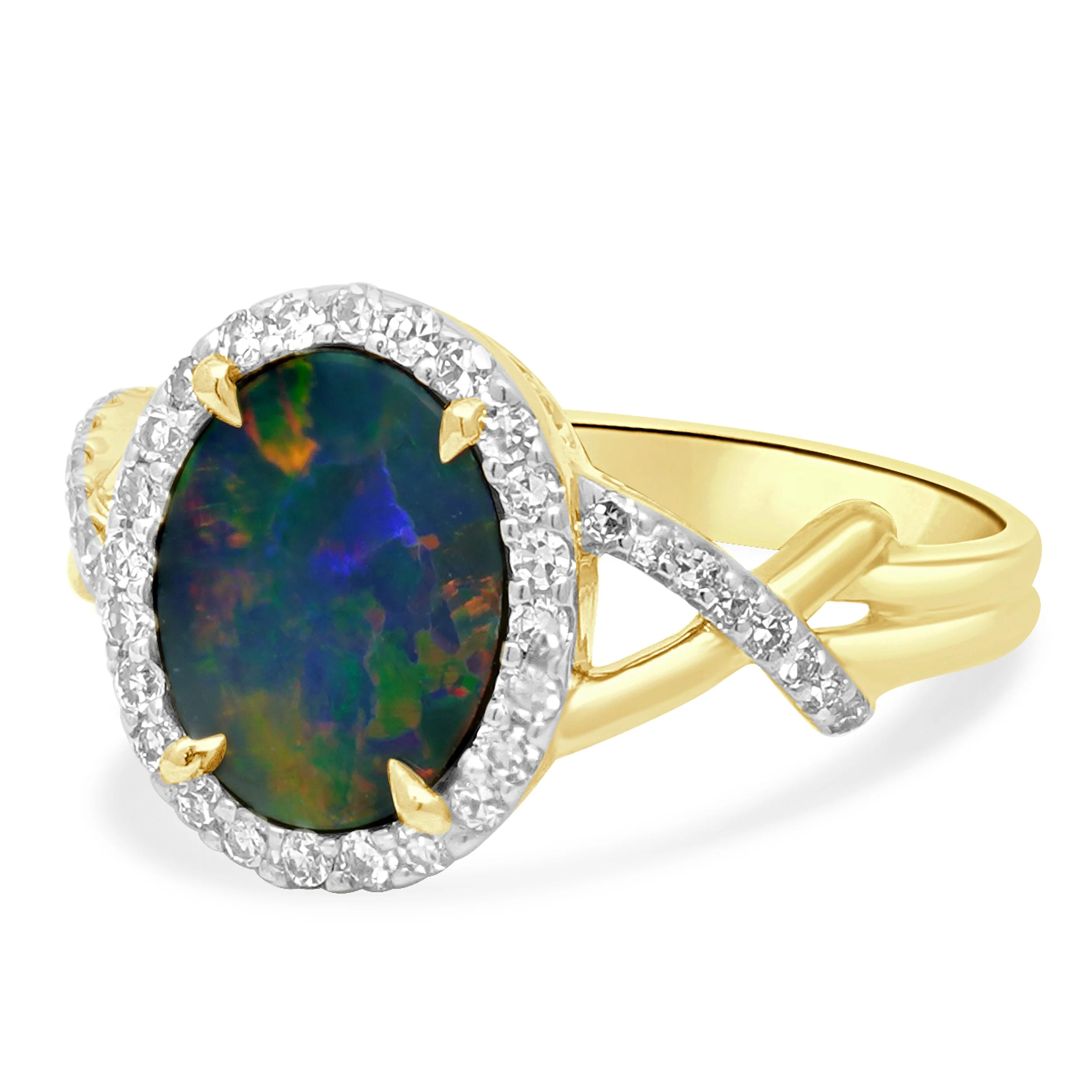 Fremonti 14K Yellow Gold Oval Boulder Opal and Round Diamond Halo Crossover Ring - Image 2