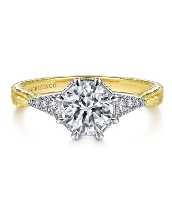 Gabriel & Co Vintage Style Diamond Mounting with Gold Engraving in Two-Tone 14k - Image 2