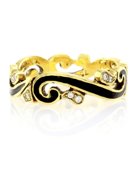 Hidalgo Black Enamel & 0.09ctw Diamond Scroll Band in 18K Yellow Gold SZ 6.5