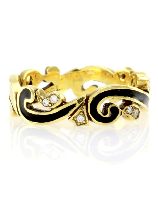 Hidalgo Black Enamel & 0.09ctw Diamond Scroll Band in 18K Yellow Gold SZ 6.5 - Image 2