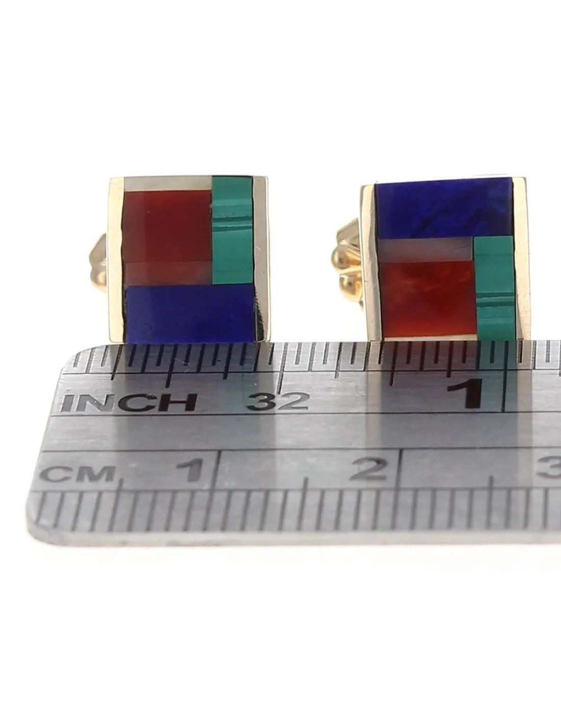 Lapis, Malachite and Red Coral Square Earrings - Image 3