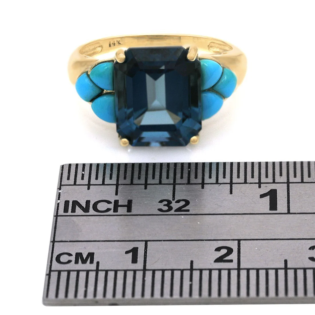 14K Yellow Gold London Blue Topaz and Turquoise Accent Ring - Image 3