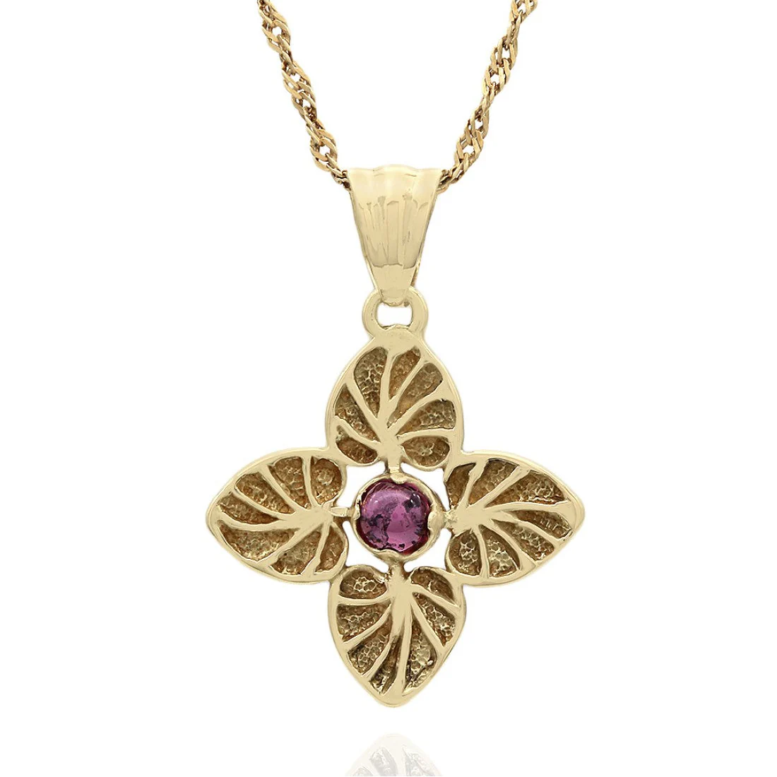 18K Yellow Gold Malaya Garnet Leaf Drop on Twisted Curb Chain Necklace