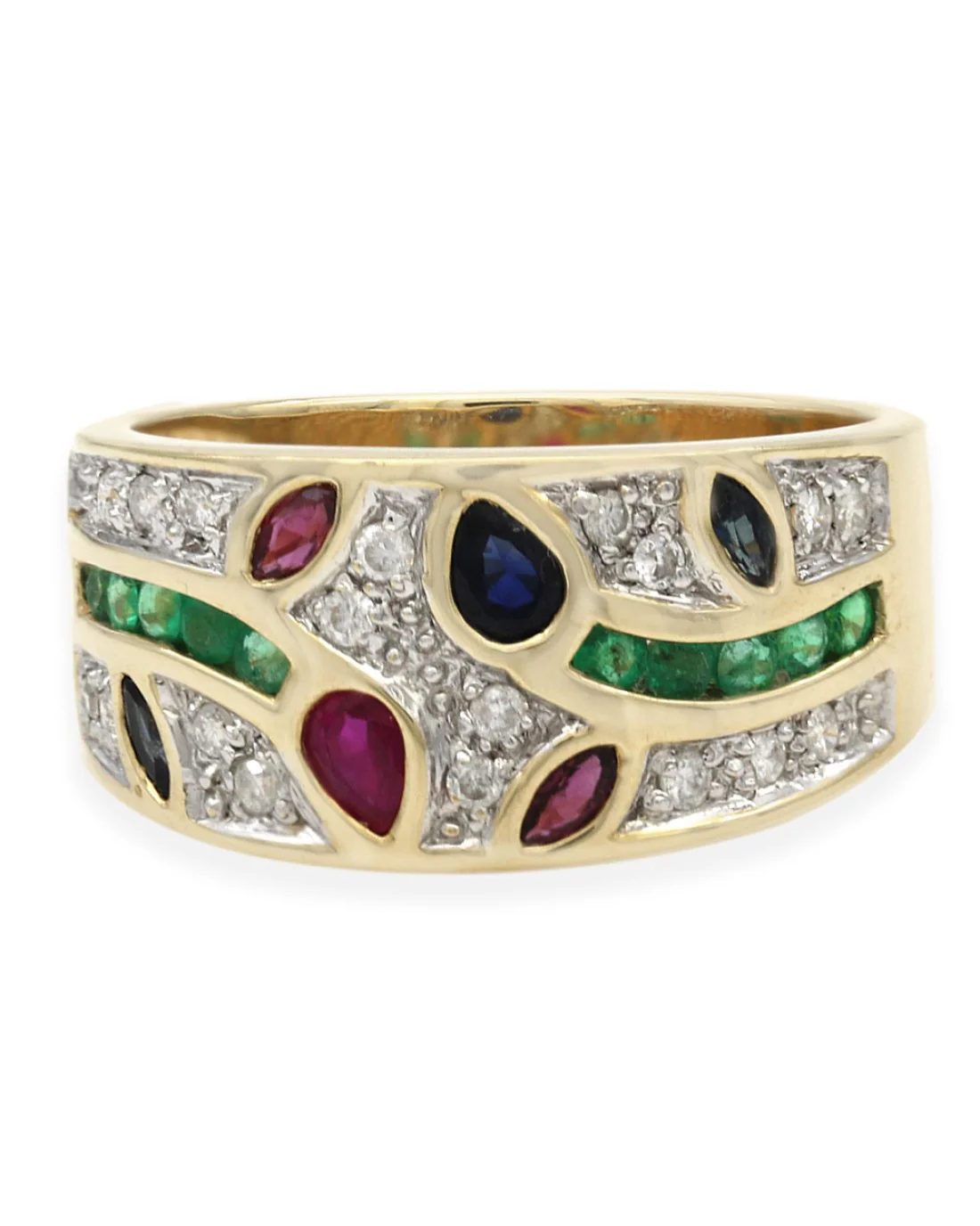 Mixed Cut Ruby, Sapphire, Emerald, & Pave Diamond Band in Yellow Gold - Image 2