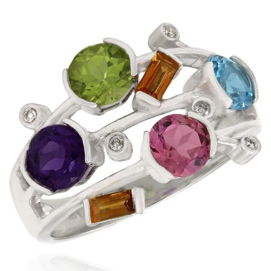 14K White Gold Multi-Color Gemstone and Diamond Ring