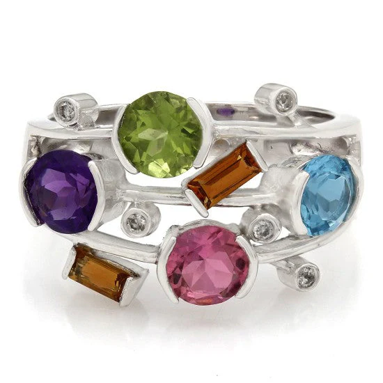 14K White Gold Multi-Color Gemstone and Diamond Ring - Image 2