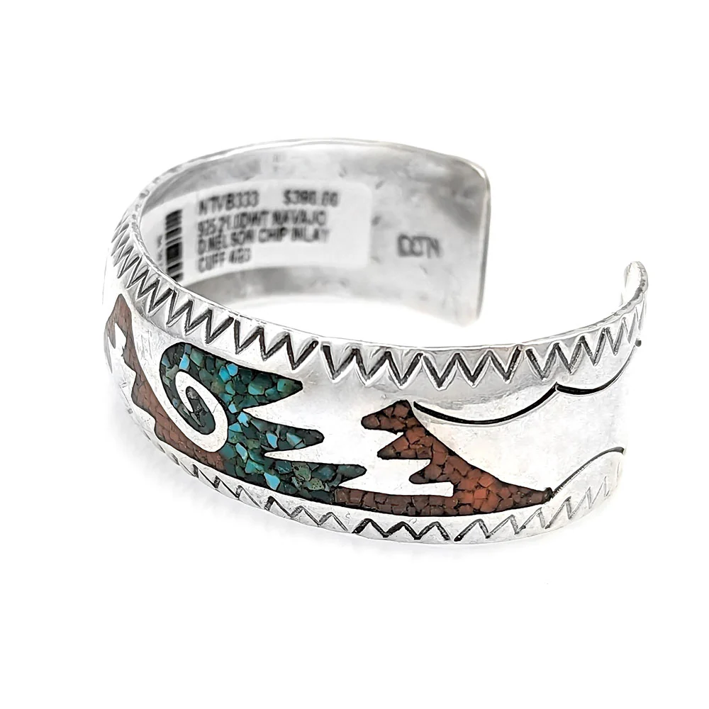 Navajo Delvin Nelson Sterling Silver Turquoise & Coral Chip Inlay Bracelet - Image 3