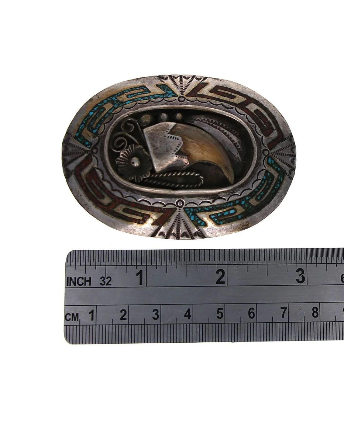Navajo Henry Baca Sterling Silver Turquoise Coral Chip Inlay Claw Buckle - Image 3