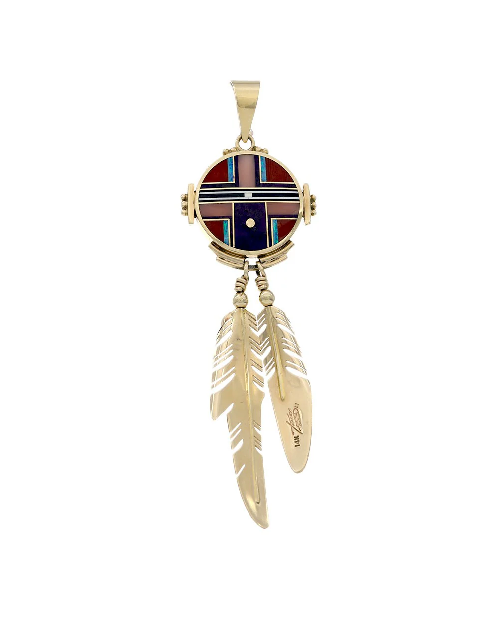 Navajo Ray Tracey 14K Yellow Gold Multi-Stone Inlay Reversible Sunface Pendant - Image 2