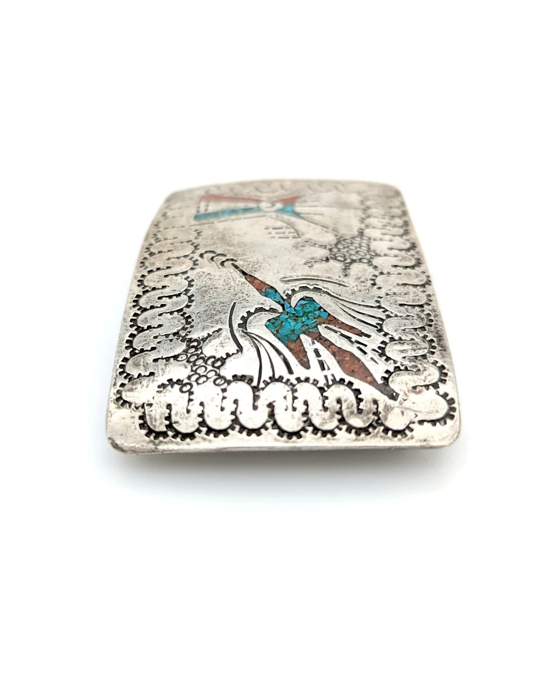 Navajo Sterling SIlver Turquoise & Coral Chip Inlay Buckle - Image 3