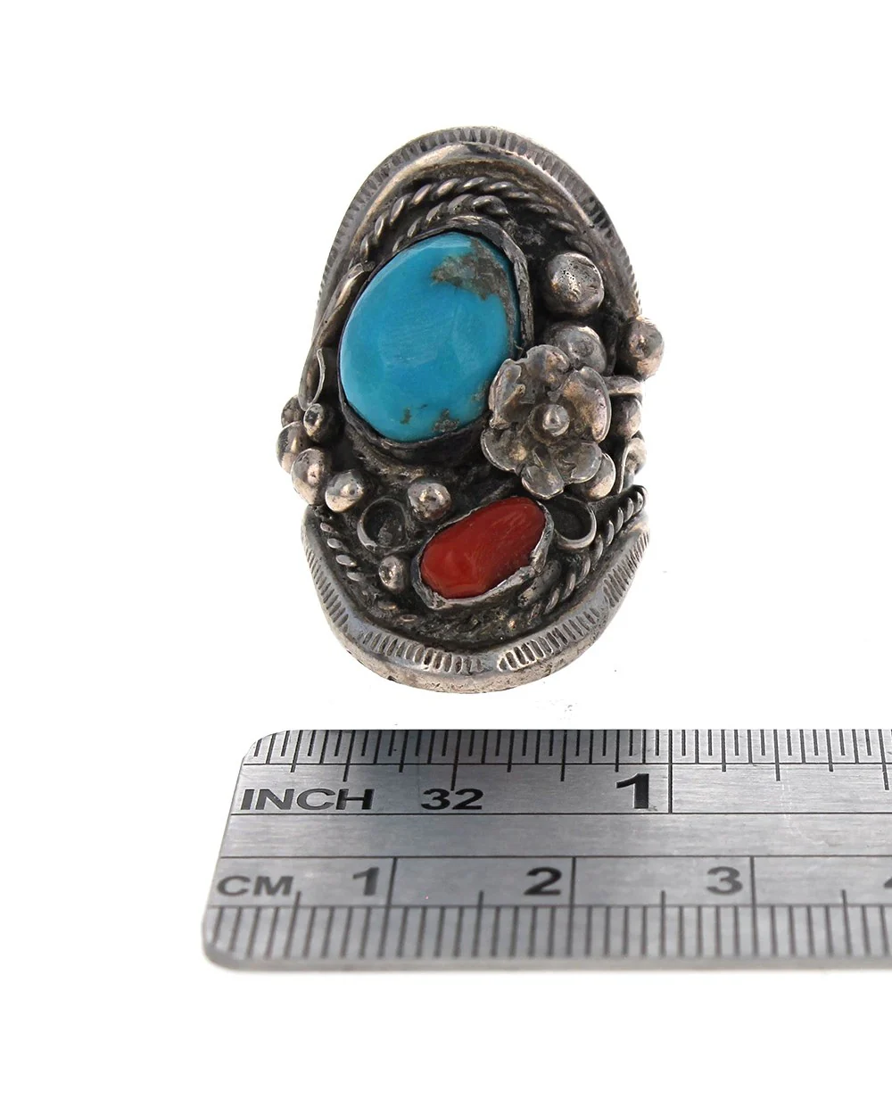 Navajo Sterling Silver Turquoise & Coral Ring - Image 3