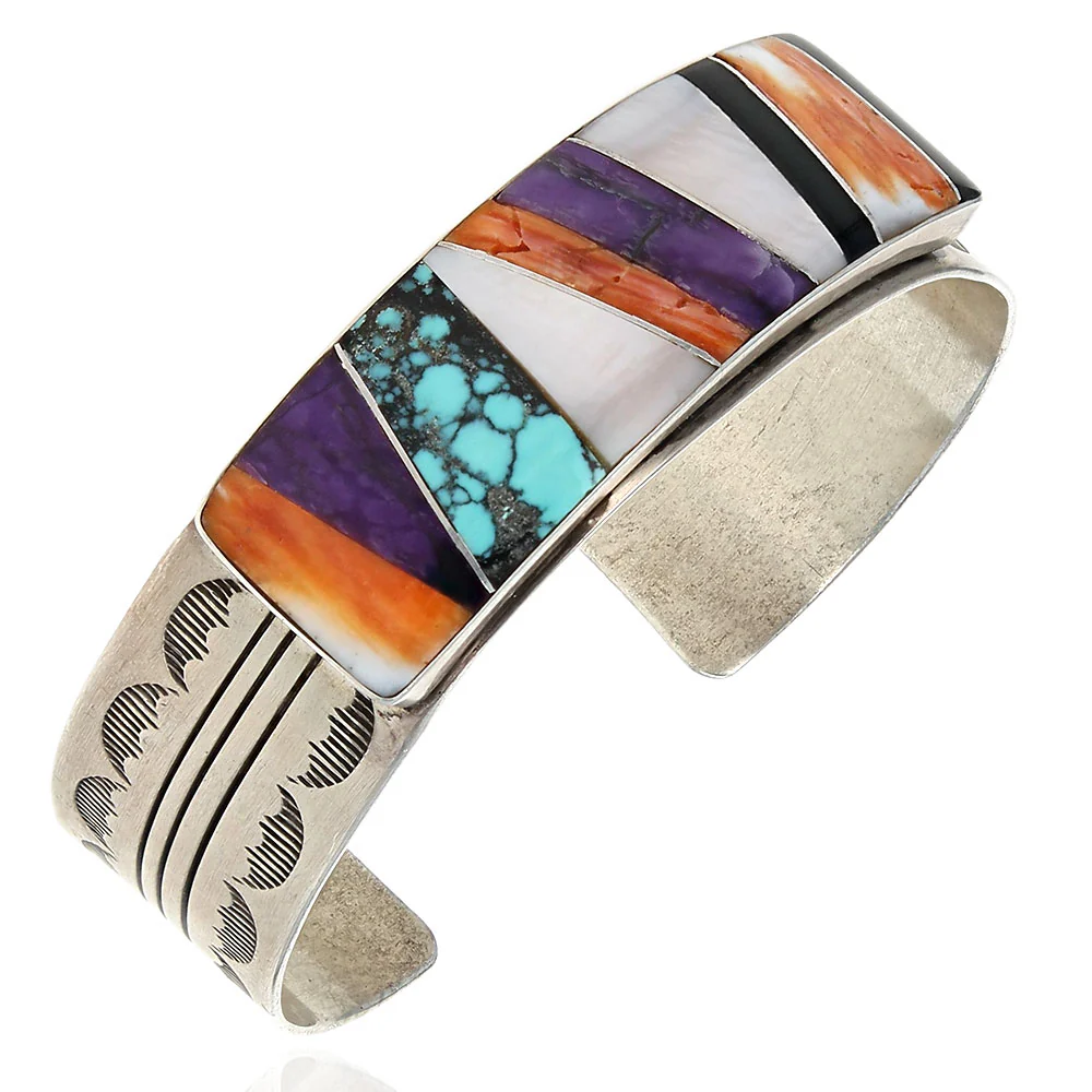 Navajo Julian Arviso Sterling Silver Multi-Stone Inlay Cuff Bracelet